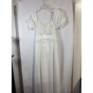 LYANER Womens White Empire Waste  Puff Sleeve Peasant Style Midi Dress Size M-L